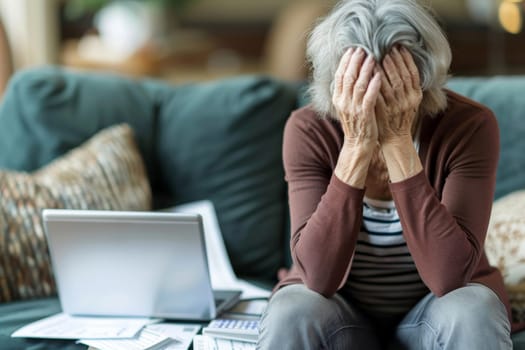 Senior woman suffering from migraine pain . finance documents with laptop and calculator..