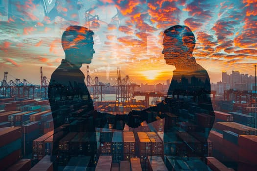 double exposure businessman handshake of business deal with logistic. Generative AI..