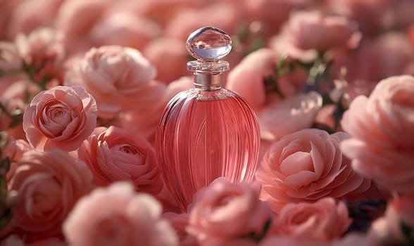 Elegant perfume bottle among flowers in retro style. Selective focus.