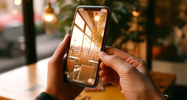 A person is holding a cell phone and looking at a picture of a restaurant. The phone is displaying a photo of a restaurant with a view of the outside. The person appears to be interested in the photo