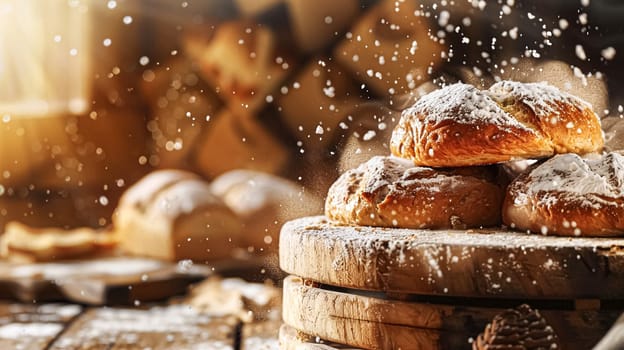 Bakery with freshly baked bread, variety of bread loaves, rolls, and baguettes displayed in baskets and on wooden shelves in the English countryside village