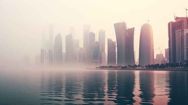 A city skyline with a large body of water in the background. The water is calm and the sky is overcast