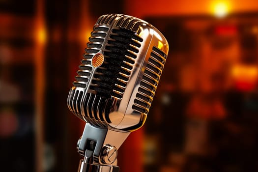 A microphone is on a table in a dimly lit room. The microphone is silver and has a black cord