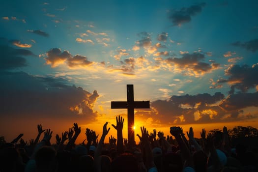 A large crowd of christian people are gathered in a church, with their hands raised in the air and a large cross in the center of the room. The atmosphere is one of worship and unity