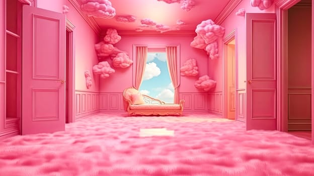 A pink bedroom with a pink bed and pink curtains. The room is very bright and cheerful. The pink color scheme gives the room a playful and fun atmosphere