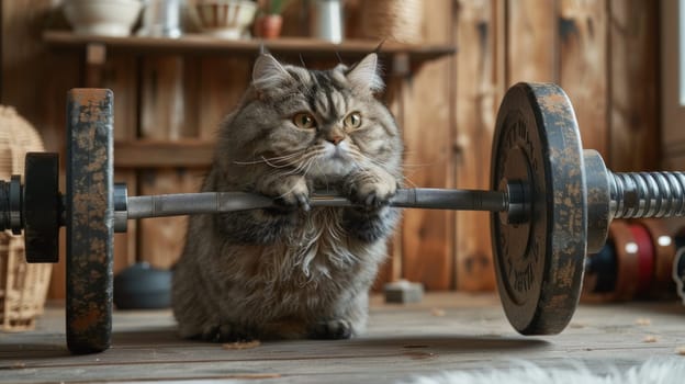 A cat is holding a dumbbell in its paws. The cat is sitting on a wooden floor