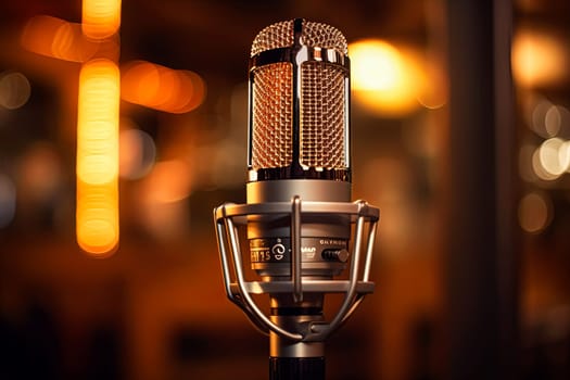 A microphone is on a table in a dimly lit room. The microphone is silver and has a black cord