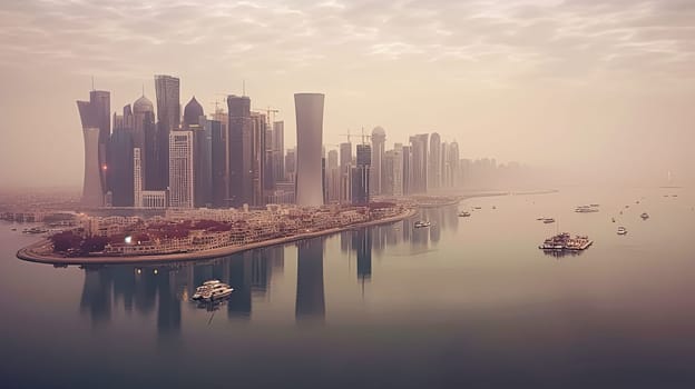 A city skyline with a large body of water in the background. The water is calm and the sky is overcast