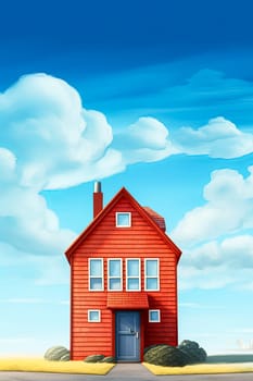 A small red house with a white trim sits in front of a blue sky. The house is the only building in the scene, and it is a single-story structure