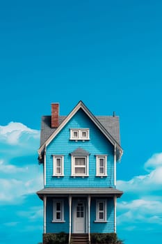 A blue house with a red roof and white trim. The house is small and has a porch. The sky is blue and there are clouds in the background