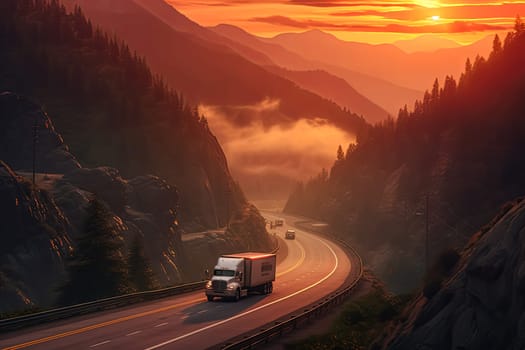 A red semi truck is driving down a mountain road at sunset. The road is narrow and winding, with a beautiful view of the mountains in the background. The sky is filled with orange and pink hues