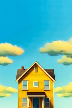 A yellow house with a blue roof and blue trim. The house is tall and has a chimney