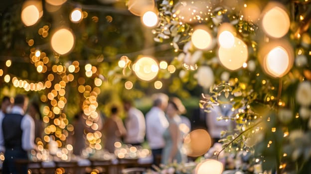 Outdoor wedding reception, warm glow of the lights creates a magical atmosphere as guests gather, the background is slightly blurred, joyful ambiance of the celebration, romantic and festive evening wedding celebration