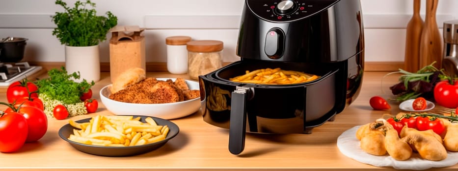 deep fryer on a wooden table in a modern kitchen with fried french fries and tomatoes on plates. Generative AI, Food.