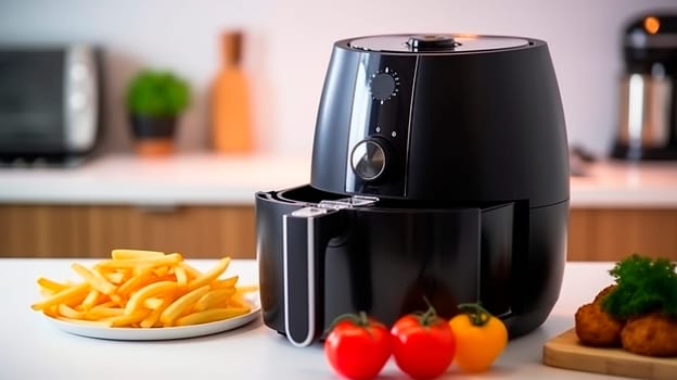 deep fryer on a wooden table in a modern kitchen with fried french fries and tomatoes on plates. Generative AI, Food.