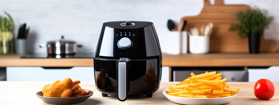 deep fryer on a wooden table in a modern kitchen with fried french fries and tomatoes on plates. Generative AI, Food.