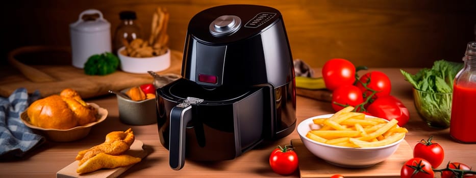 deep fryer on a wooden table in a modern kitchen with fried french fries and tomatoes on plates. Generative AI, Food.