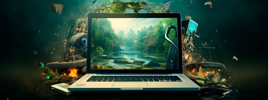 Laptop on a background of green jungle. Generative AI. Nature.