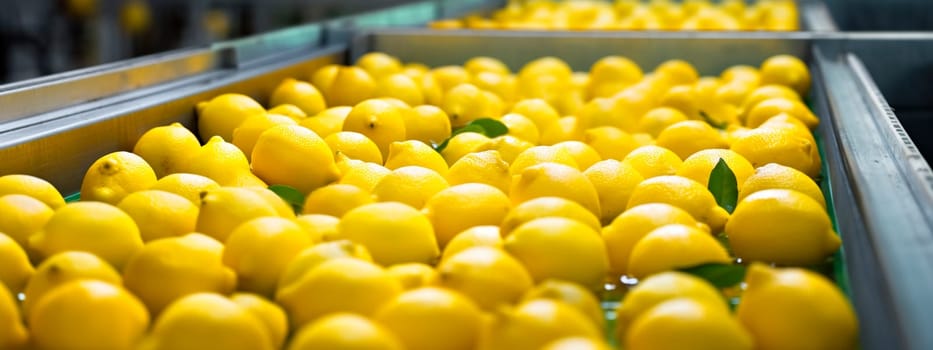 lemons, tape in the food industry, products ready for automatic packaging. Concept with automated food production. Generative AI, Food.