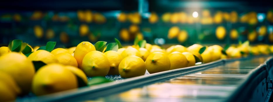 lemons, tape in the food industry, products ready for automatic packaging. Concept with automated food production. Generative AI, Food.