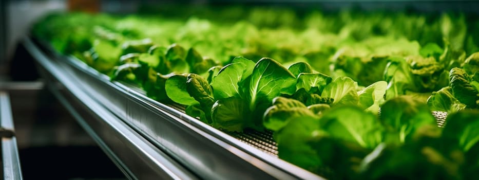 lettuce, tape in the food industry, products ready for automatic packaging. Concept with automated food production. Generative AI, Food.