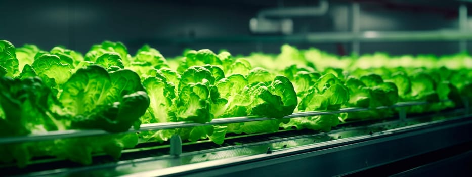 lettuce, tape in the food industry, products ready for automatic packaging. Concept with automated food production. Generative AI, Food.