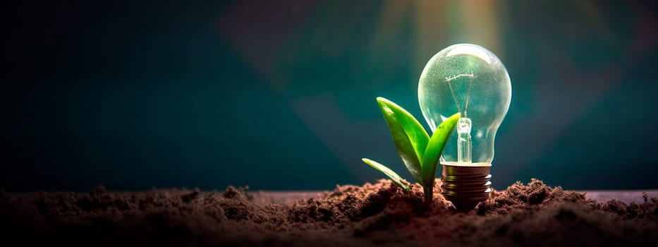 Light bulb with a plant in the ground. Generative AI,