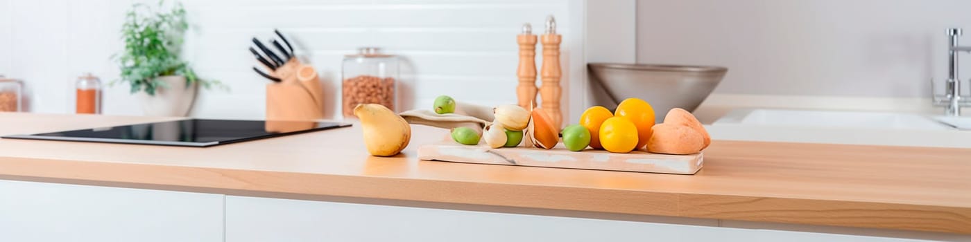 Light wooden table on the background of a blurred kitchen, white kitchen. Generative AI,