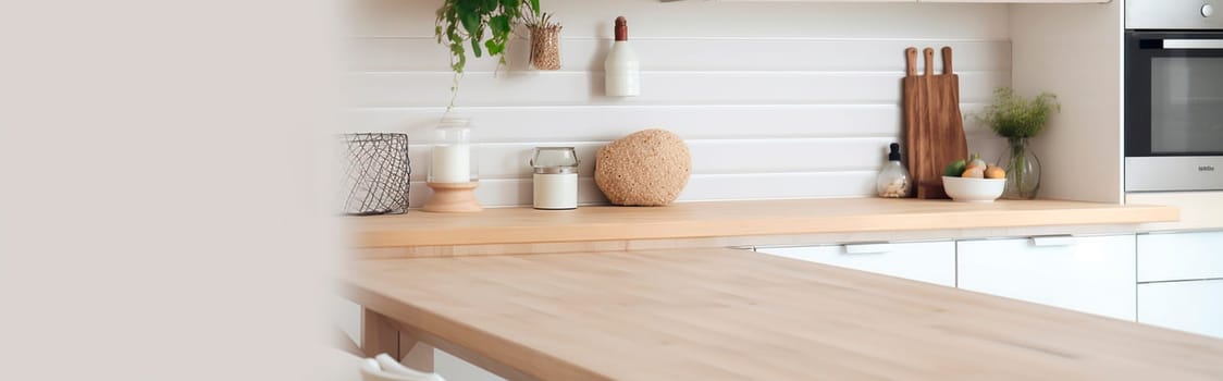 Light wooden table on the background of a blurred kitchen, white kitchen. Generative AI,