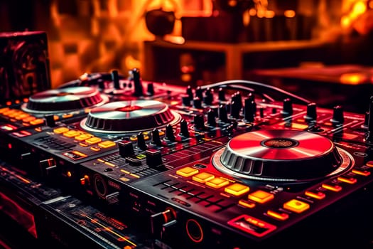 A set of DJ equipment stands against a vibrant orange backdrop, radiating energy and setting the stage for an electrifying performance.