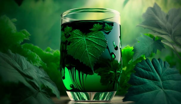 liquid chlorophyll in a glass of water, on the background of plants. Generative AI, Nature.