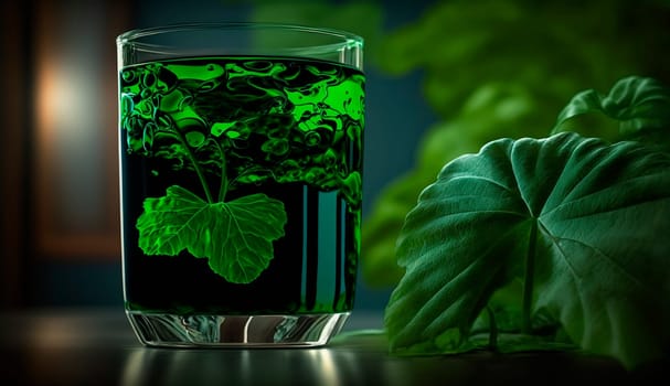 liquid chlorophyll in a glass of water, on the background of plants. Generative AI, Nature.