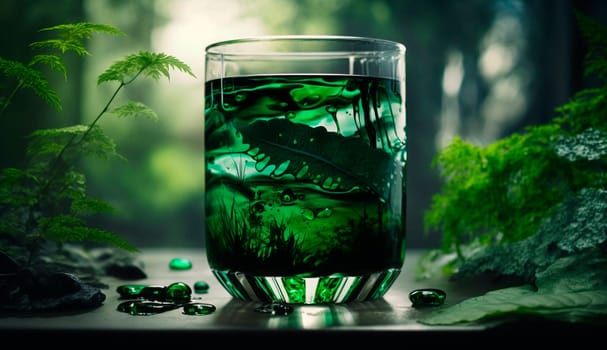 liquid chlorophyll in a glass of water, on the background of plants. Generative AI, Nature.