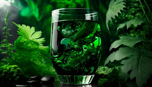 liquid chlorophyll in a glass of water, on the background of plants. Generative AI, Nature.