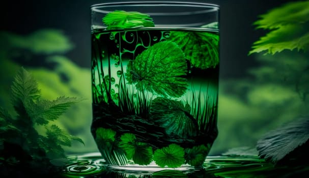 liquid chlorophyll in a glass of water, on the background of plants. Generative AI, Nature.