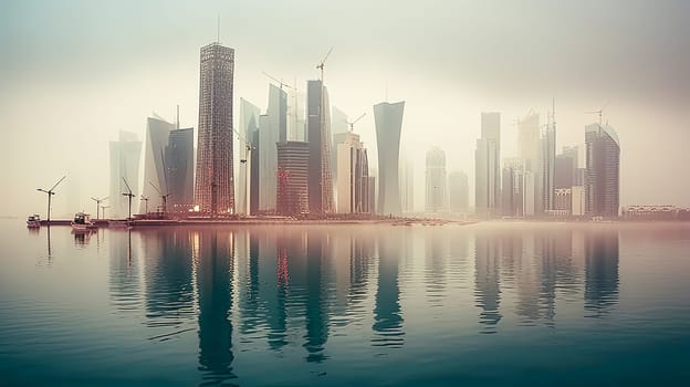 A city skyline with a large body of water in the background. The water is calm and the sky is overcast