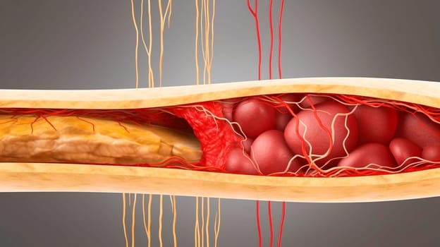 blockage of arteries by cholesterol plaques, artery with blood flow obstructed by cholesterol. Generative AI, Red.