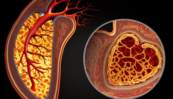 blockage of arteries by cholesterol plaques, artery with blood flow obstructed by cholesterol. Generative AI, Red.