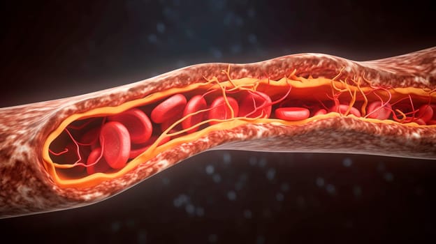 blockage of arteries by cholesterol plaques, artery with blood flow obstructed by cholesterol. Generative AI, Red.