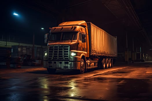 A semi truck is parked in front of a large building. The truck is white and has a Coca-Cola logo on the side. The scene is set at night, with the truck and building illuminated by street lights