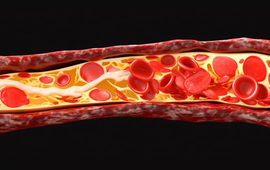 blockage of arteries by cholesterol plaques, artery with blood flow obstructed by cholesterol. Generative AI, Red.