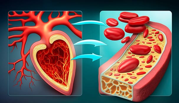 blockage of arteries by cholesterol plaques, artery with blood flow obstructed by cholesterol. Generative AI, Red.