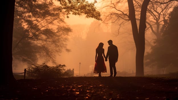 Lovers walk together in the park. Generative AI. People.