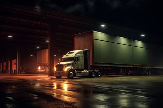 A semi truck is parked in front of a large building. The truck is white and has a Coca-Cola logo on the side. The scene is set at night, with the truck and building illuminated by street lights