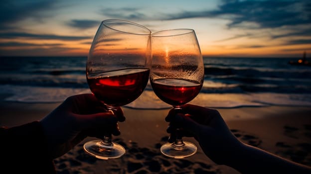 Lovers with glasses of wine on the beach. Generative AI. People.