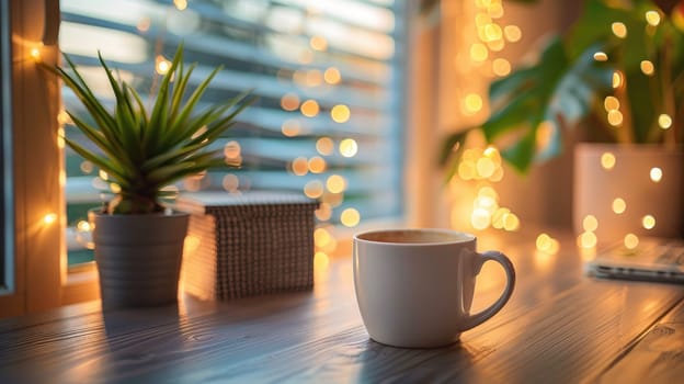 A minimalist home office with a simple desk and a cup of coffee with delicate bokeh lights in the background.