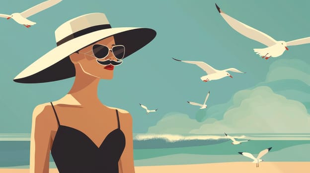 Woman in hat and sunglasses relaxing on beach with seagulls flying around her beauty of nature and travel retreat