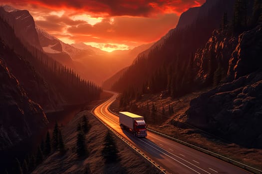A red semi truck is driving down a mountain road at sunset. The road is narrow and winding, with a beautiful view of the mountains in the background. The sky is filled with orange and pink hues