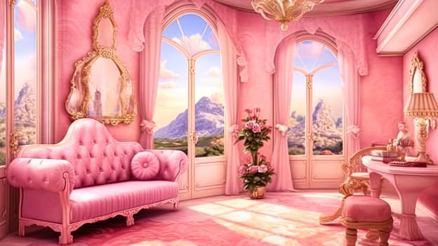 A pink bedroom with a pink bed and pink curtains. The room is very bright and cheerful. The pink color scheme gives the room a playful and fun atmosphere