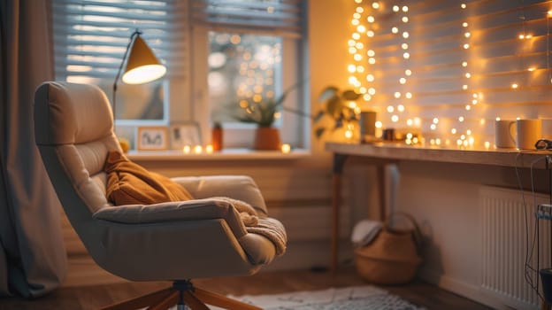 Serene Home Office Space with Cozy Chair and Warm Bokeh Lights for Productivity and Comfort.